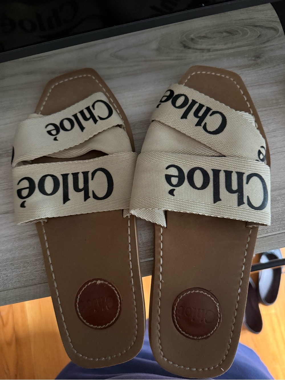 Beige Logo Strap Slide Sandals for Women